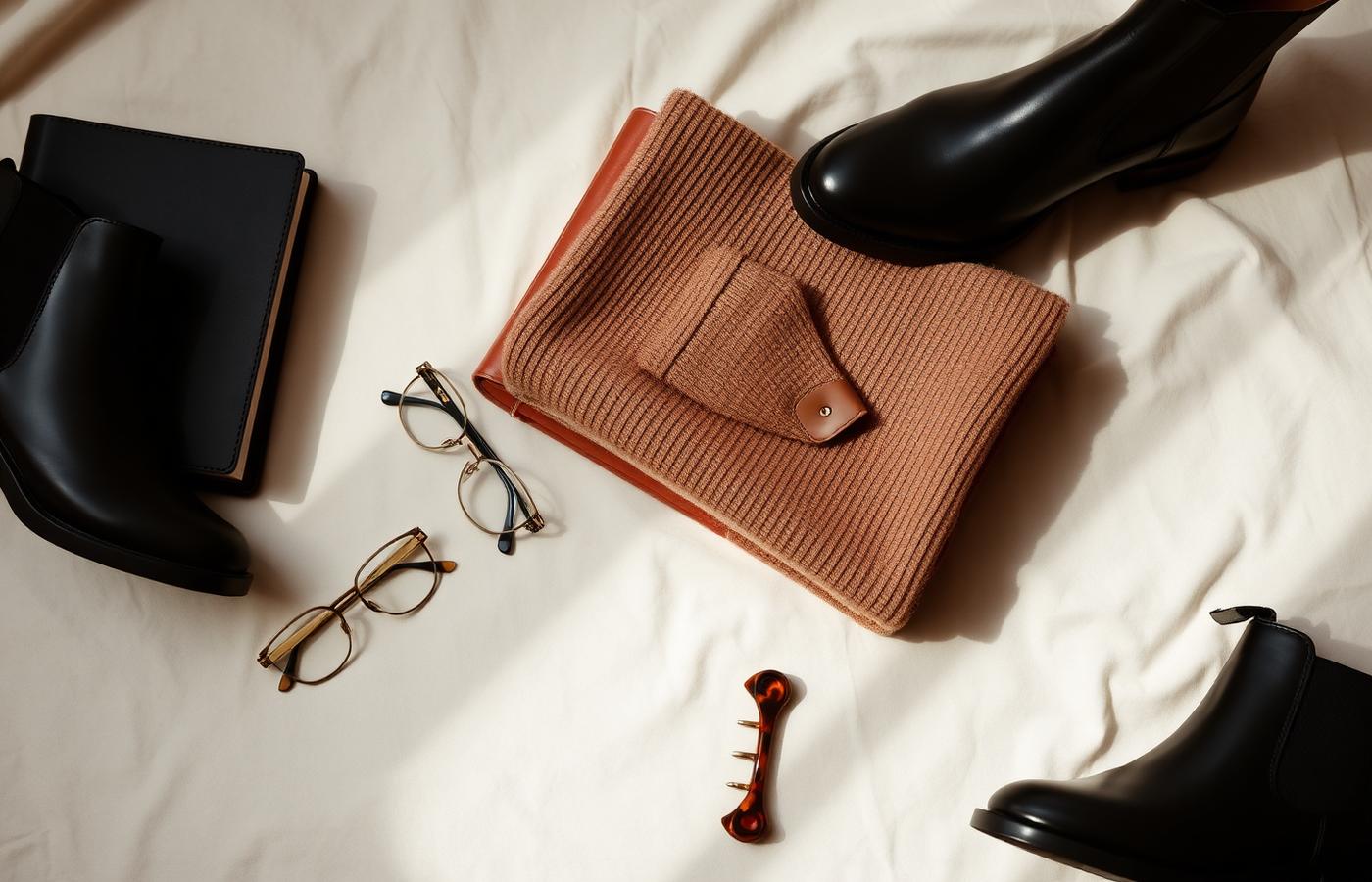Editorial flat lay of cashmere, leather boots, brass spectacles and a tortoiseshell clip